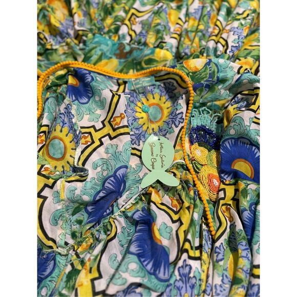Antica Sartoria NWT lemons blue floral pattern beaded tie front long maxi cover - Picture 7 of 16